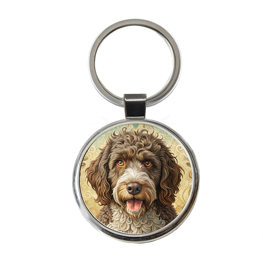 Spanish Water Dog Art Nouveau Round Metal Keychain