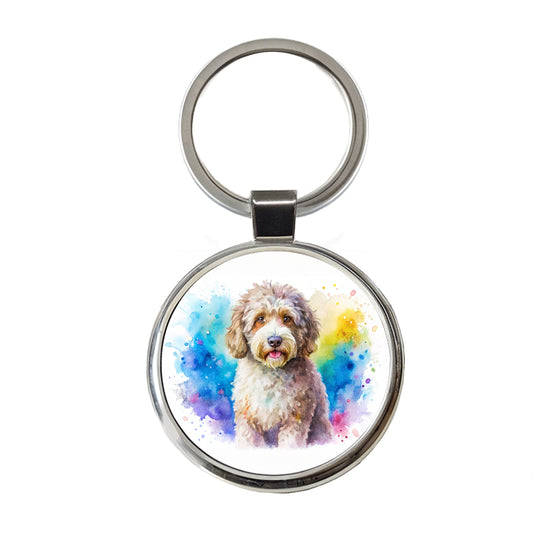 Spanish Water Dog Watercolor Style Round Metal Keychain