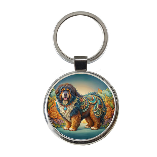 Tibetan Mastiff Dog Art Nouveau Round Metal Keychain
