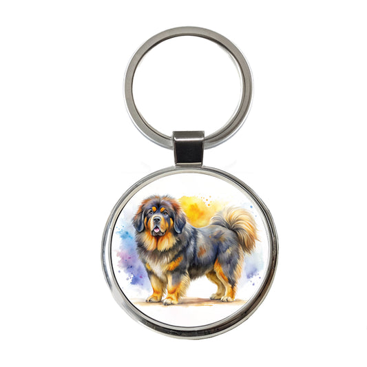 Tibetan Mastiff Dog Watercolor Style Round Metal Keychain