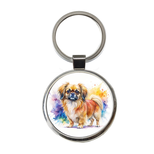 Tibetan Spaniel Dog Watercolor Style Round Metal Keychain