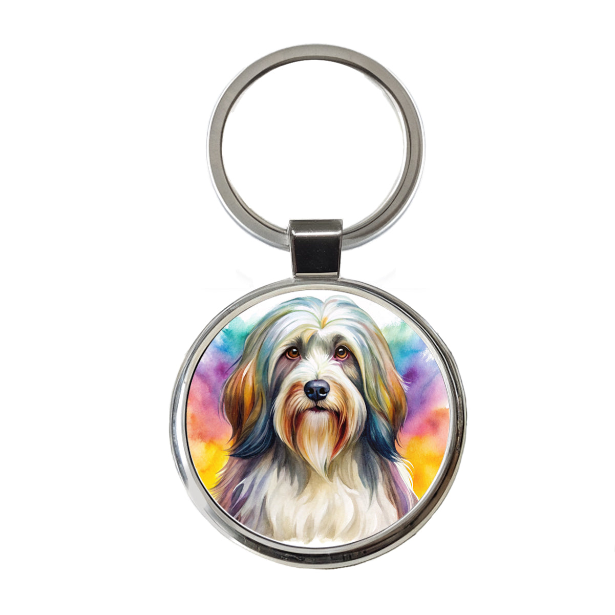 Tibetan Terrier Dog Watercolor Style Round Metal Keychain