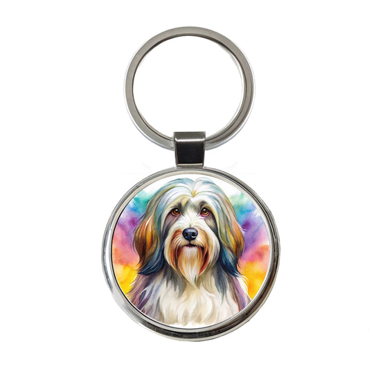 Tibetan Terrier Dog Watercolor Style Round Metal Keychain
