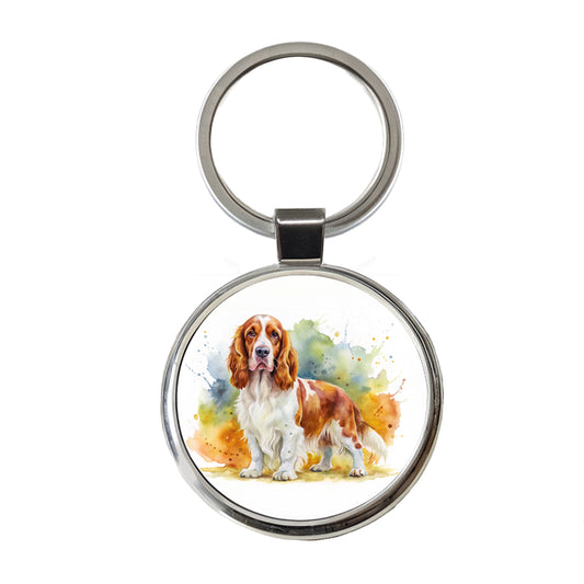 Welsh Springer Spaniel Dog Watercolor Style Round Metal Keychain