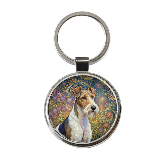 Wire Fox Terrier Dog Art Nouveau Round Metal Keychain