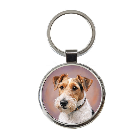 Wire Fox Terrier Dog Illustration Round Metal Keychain