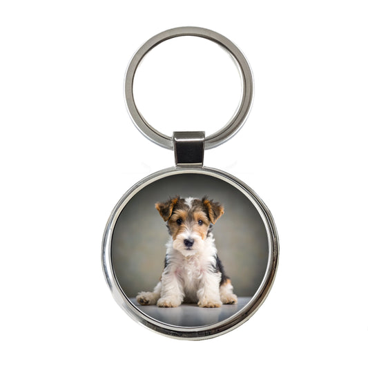Wire Fox Terrier Dog Puppy Photo Round Metal Keychain