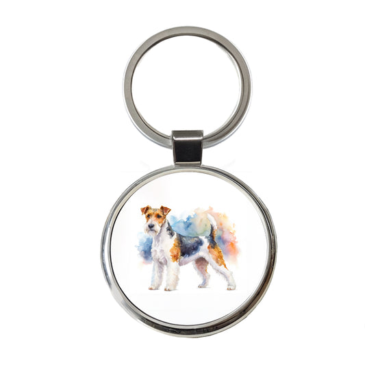 Wire Fox Terrier Dog Watercolor Style Round Metal Keychain