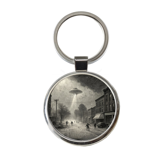 Alien Invasion Found Footage Black and White Round Metal Keychain
