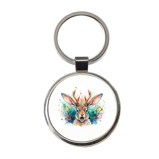 Angry Jackalope Watercolor Round Metal Keychain