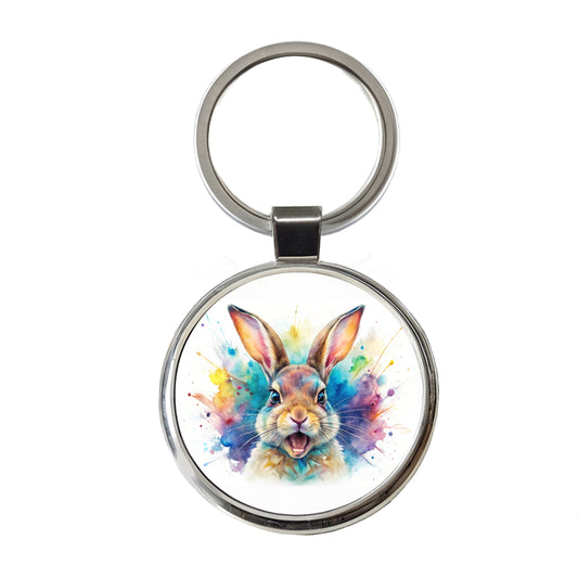 Angry Rabbit Bunny Watercolor Round Metal Keychain