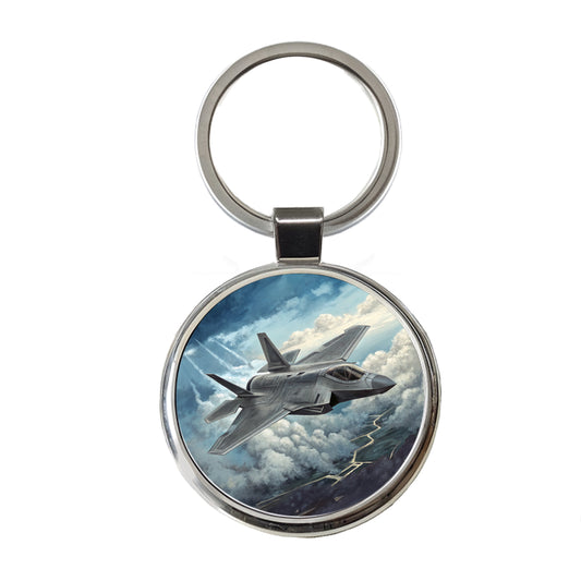 F-35 in Cloudy Sky US Air Force Navy Marines Plane Round Metal Keychain