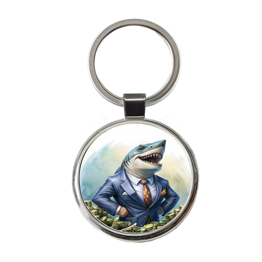 Funny Business Loan Shark Wearing A Suit With Money Round Metal Keychain