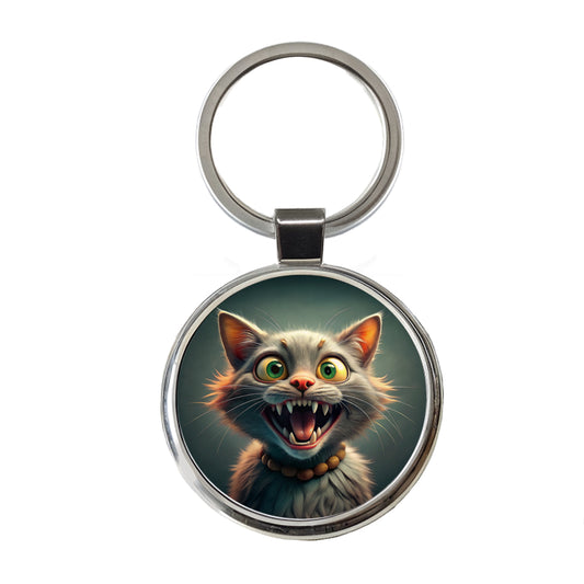 Funny Crazy Cat Round Metal Keychain