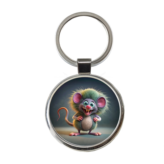 Funny Funky Crazy Mouse Round Metal Keychain