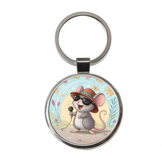 Funny Singing Cool Mouse Round Metal Keychain