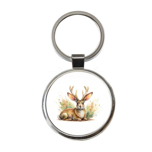 Jackalope Watercolor Round Metal Keychain