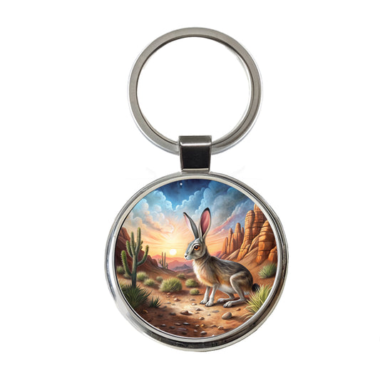 Jackrabbit In Desert Round Metal Keychain