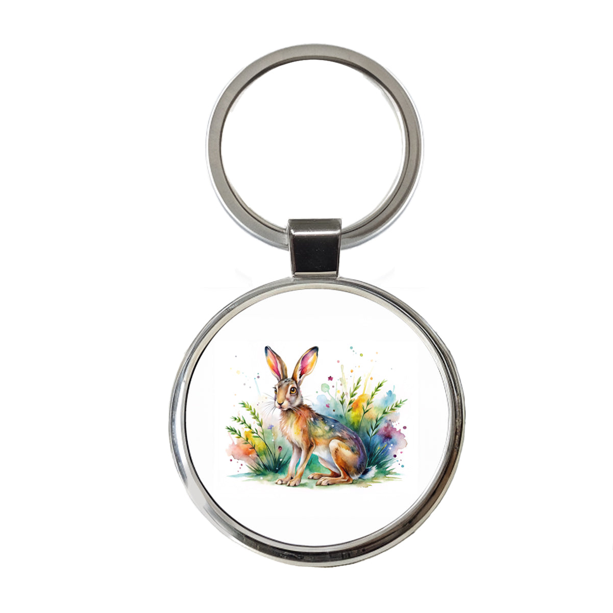 Jackrabbit Watercolor Round Metal Keychain