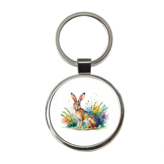Jackrabbit Watercolor Round Metal Keychain