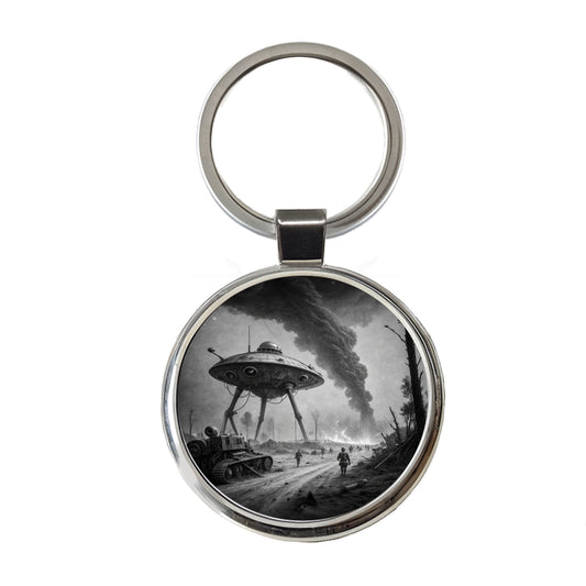 Martian Alien Invasion Tripod War Machine Retro Black and White Round Metal Keychain