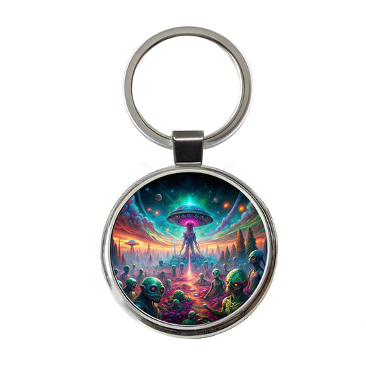 Psychedelic Alien Invasion Vibrant Colors Round Metal Keychain