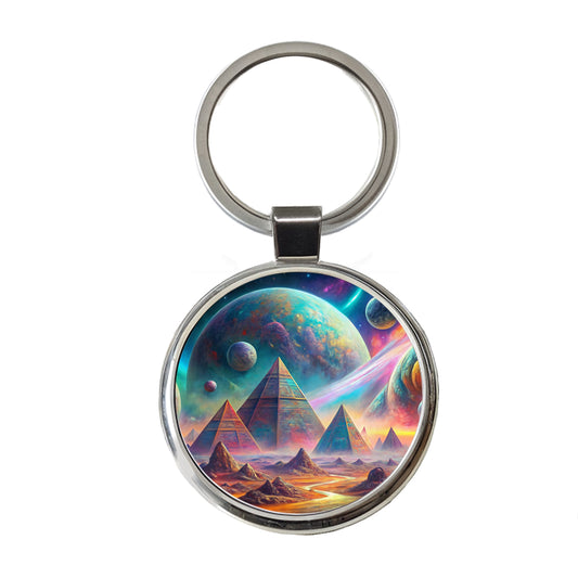 Psychedelic Alien Planet With Pyramids Vibrant Colors Round Metal Keychain