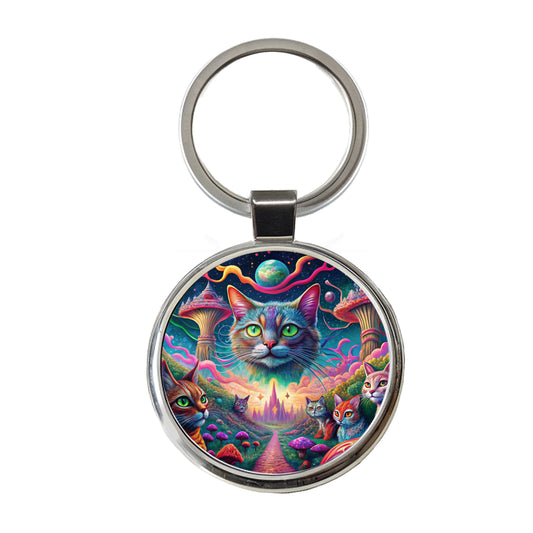 Psychedelic Cats Vibrant Colors Round Metal Keychain