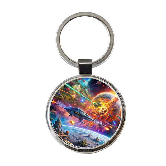 Psychedelic Colorful Space Sci-fi Starship Battle Round Metal Keychain