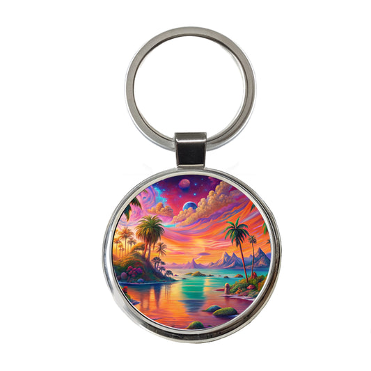 Psychedelic Colorful Tropical Beach Scene Round Metal Keychain