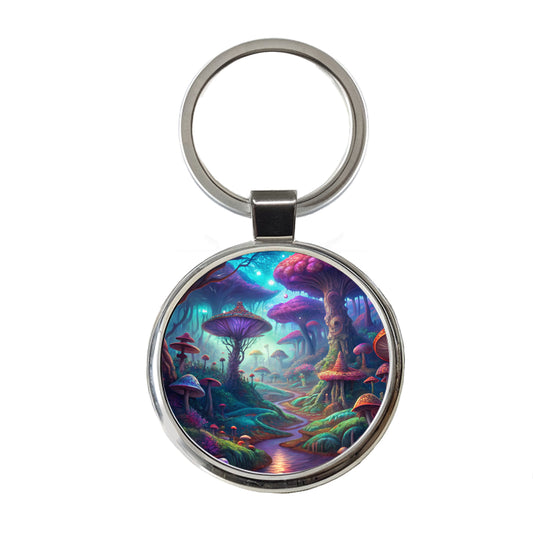Psychedelic Fantasy Forest Vibrant Colors Round Metal Keychain