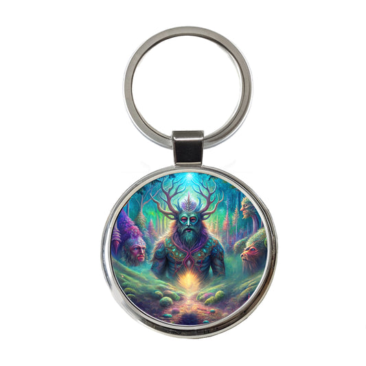 Psychedelic Forest Spirits Vibrant Colors Round Metal Keychain
