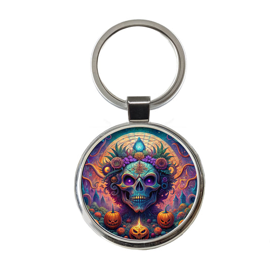 Psychedelic Halloween Skulls Pumpkins Vibrant Colors Round Metal Keychain