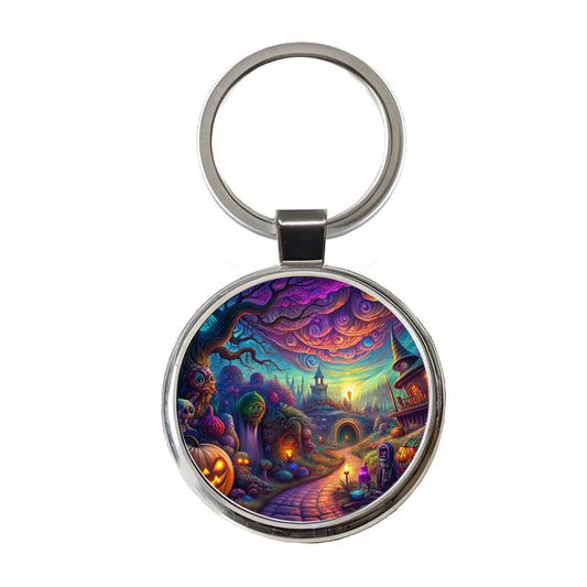 Psychedelic Halloween Town Scene Vibrant Colors Round Metal Keychain