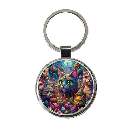 Psychedelic Lots of Cats Vibrant Colors Round Metal Keychain
