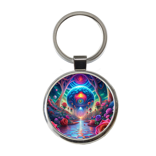 Psychedelic Lots of Colorful Roses Design Round Metal Keychain