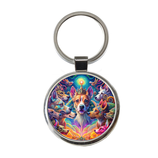 Psychedelic Lots of Dogs Vibrant Colors Round Metal Keychain