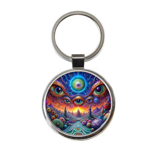 Psychedelic Lots of Eyes Vibrant Colors Round Metal Keychain