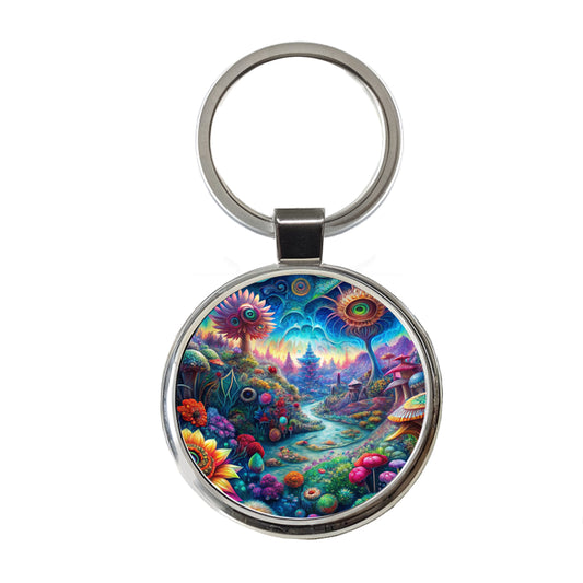 Psychedelic Lots of Flowers Vibrant Colors Round Metal Keychain