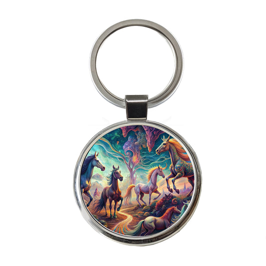 Psychedelic Lots of Horses Vibrant Colors Round Metal Keychain