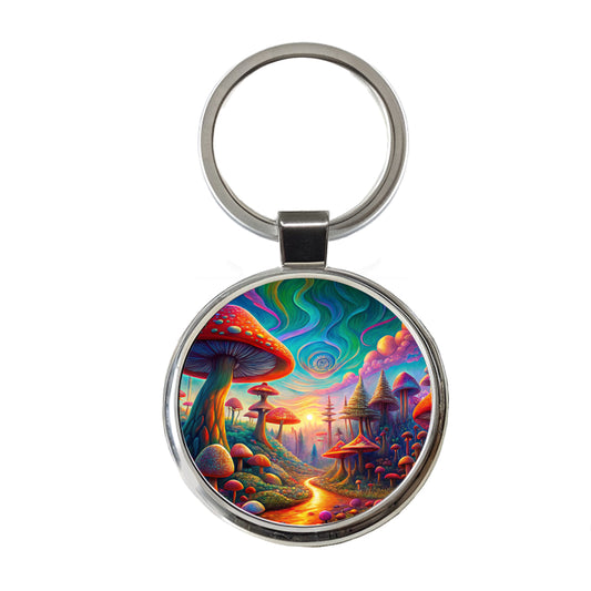 Psychedelic Lots of Mushrooms Vibrant Colors Round Metal Keychain