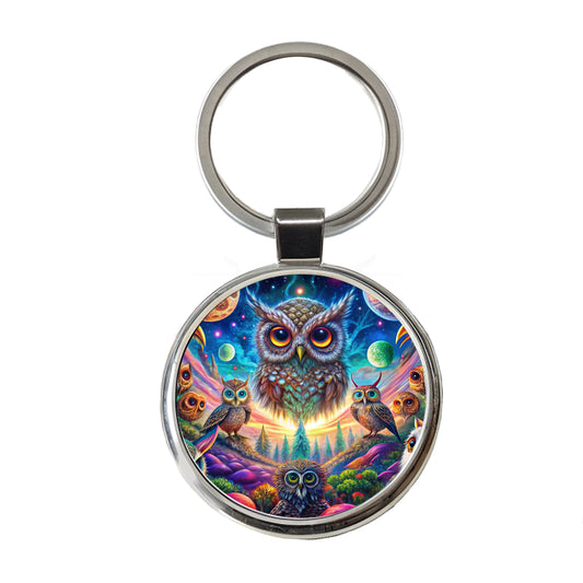 Psychedelic Lots of Owls Vibrant Colors Round Metal Keychain
