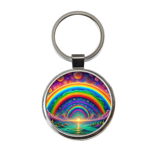 Psychedelic Lots of Rainbows Colors Round Metal Keychain