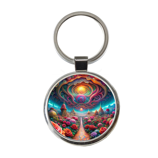 Psychedelic Lots of Roses Vibrant Colors Round Metal Keychain