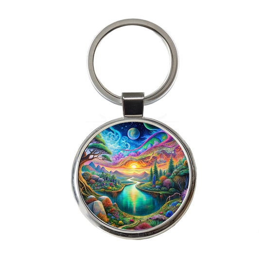 Psychedelic Nature Lake Vibrant Colors Round Metal Keychain