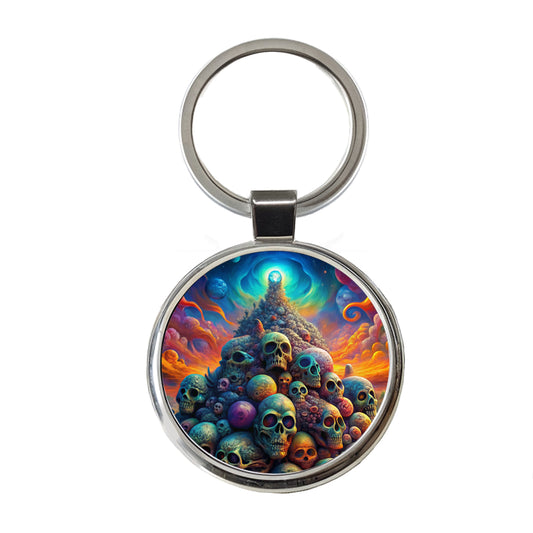 Psychedelic Pile Of Skulls Vibrant Colors Round Metal Keychain