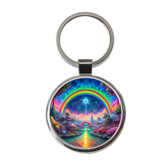 Psychedelic Rainbow Scene Round Metal Keychain