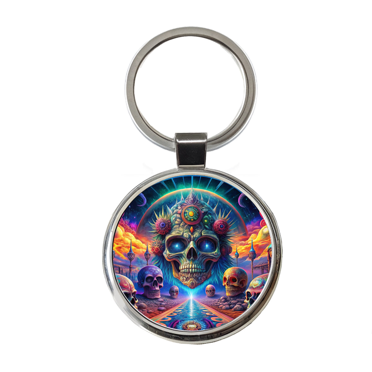 Psychedelic Skulls Design Round Metal Keychain