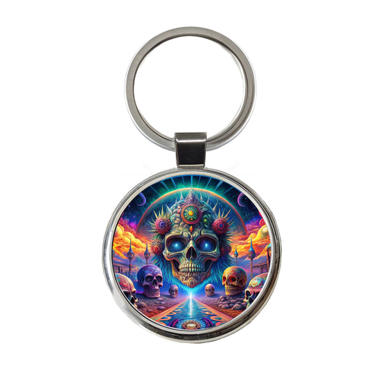 Psychedelic Skulls Design Round Metal Keychain