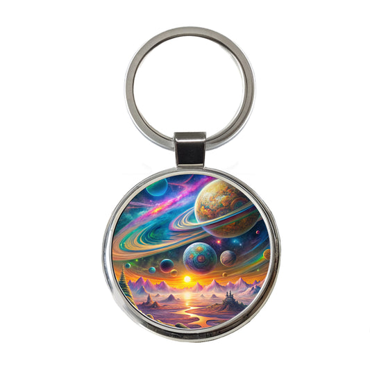 Psychedelic Solar System Space Design Round Metal Keychain